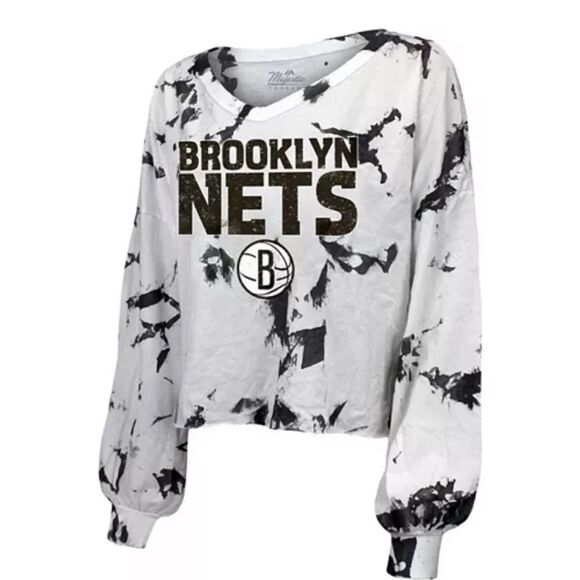 Majestic Women's White Black Brooklyn  Tie-Dye Crop V-Neck Long Sleeve T-shirt - Picture 5 of 7
